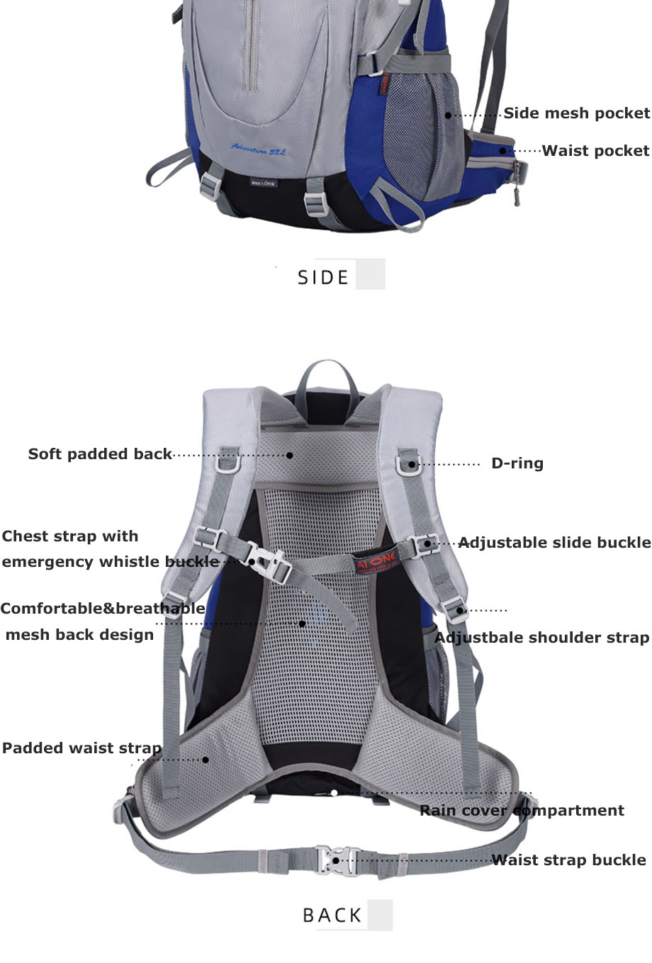 ready to ship hiking backpack,large 38l travel backpacks for men women,water resistant camping daypack for outdoor sports